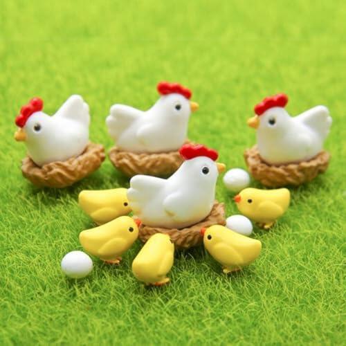 BFZOO 12 piezas blanco miniatura estatua gallina pollo familia huevo figura decoración jardín adornos estatuas al aire libre esculturas de jardín estatuas