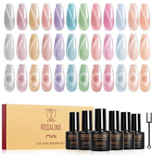 ROSALIND Esmaltes Semipermanentes Magnético, 12 Colores Ojo de Gato Pintauñas Semipermanentes Rosa Nude Morado Azul Verde Plateado, UV/LED Mini Esmalte de Uñas Cristal Cat Eye Gel Manicure Regalo
