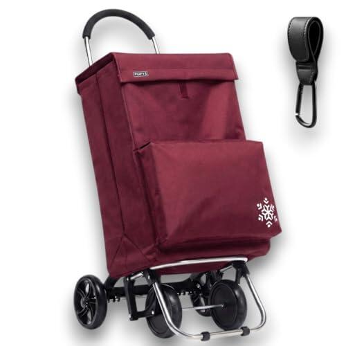 POPYS® Carro de la Compra de 50L + Gancho Multiusos de Regalo con Compartimento Refrigerante | Carrito Compra de 4 y 2 Ruedas Ideal para Supermercado (Requiere Montaje) (Granate.)