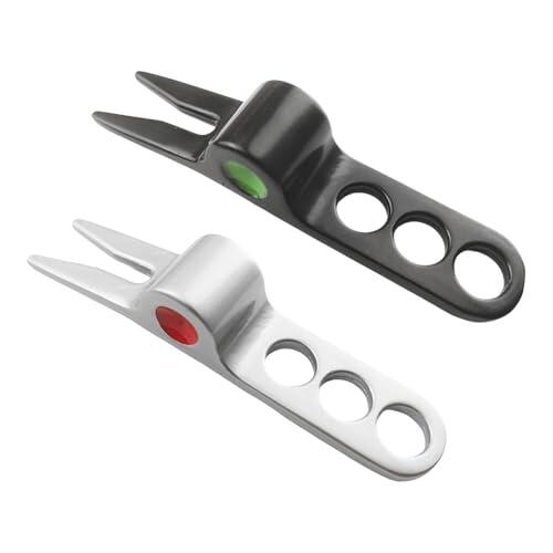RCGOFOLLOW Horquilla de Golf de Metal, Herramienta para Sacar Hoyos de Golf, Ligera, eficiente, de aleación de Zinc, para Reparaciones, Accesorios de, Plata y Negro 2 Piezas, 8 x 1.5 x 1.4 cm