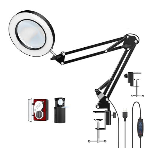 Lámpara de escritorio con lupa LED de 10 aumentos con abrazadera, lupa manos libres con 72 luces LED, 3 modos de color regulables, incluye dos lupas de joyería de 30 x 45 aumentos para trabajos