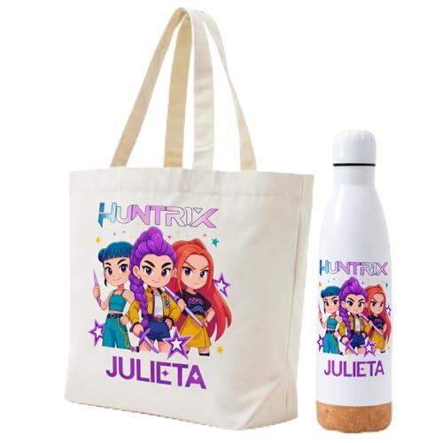Gifters | Bolsa Personalizada con Nombre y Botella Acero Inoxidable 750 ml | Diseño Personajes Estilo Kpop | Tote Bag con Cremallera | Pack Regalo Original para Niña, Cumpleaños, Navidad y Comunión