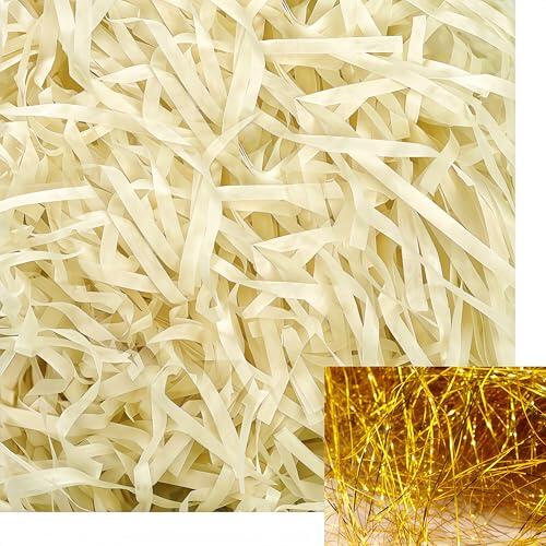Raffia Füllmaterial,WizeFolk Geschenkfüllung 220g,Geschreddertes Papier für Geschenkbox,weiches Verpackungsmaterial,Wiederverwendbar für Präsentkorb,DIY-Dekora,Party&Weihnachten,Creme weiß & Gold