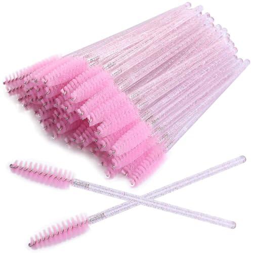 PLABBDPL 100 Piezas Cepillo de Pestañas Desechables, Cepillos de Cejas Cristal Brocha, Cepillos Desechables Para Máscara de Pestañas, Aplicador Con Mango de Cristal Para Extensión de Pestañas (Rosa)