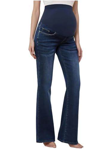 Jydiazi Pantalones vaqueros de maternidad para mujer, con cintura alta, elásticos, acampanados, con bolsillos, azul oscuro, L