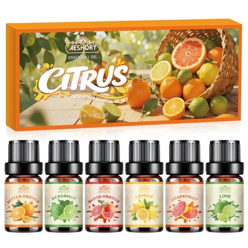 AESHORY Cítricos Aceites Esenciales para Humidificador 6 x 10ML, Aceite Aromático Afrutado Natural, Aceites Fragancia de Aromaterapia - Naranja Amarga, Bergamota, Pomelo, Limón, Naranja Sanguina, Lima