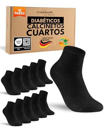 sockenkauf24 10 Pares Calcetines Diabéticos Cortos Hombre sin Elástico y sin Costuras con Cintura de Confort Algodón Negro 43-46