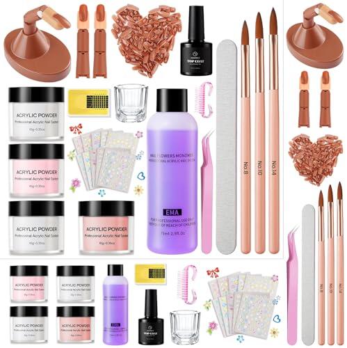 Kit De Uñas Acrílicas: 4 Colores Acrílico En Polvo Set De 2 Dedos De Ejercicio Ajustables Con 100 Puntas De Uñas/3 Lápices De Arte De Uñas/Pegatinas Florales/Archivo De Uñas Profesional Kits Completo