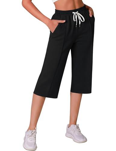 Crewhpo Pantalón de Chándal para Mujer 3/4 Capri Pantalones Deportivos con Bolsillos Pantalon Chandal Verano para Yoga Fitness Correr Jogging