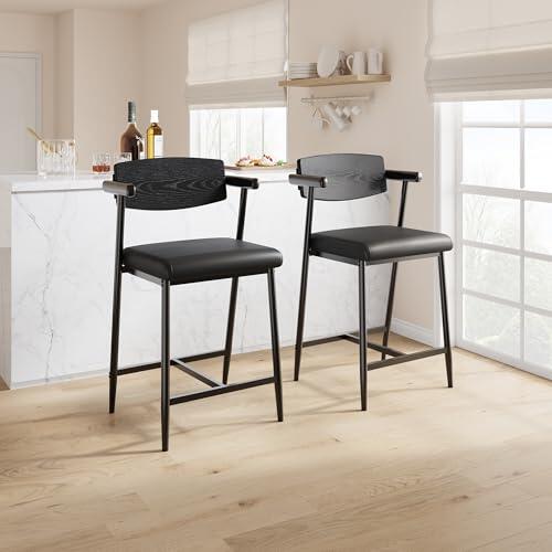 Garvee Juego De 2 Taburetes De Bar Modernos De Piel Sintética con Reposabrazos y Respaldo. Sillas De Comedor Tapizadas De Altura De Mostrador. Estructura y Reposapiés De Metal