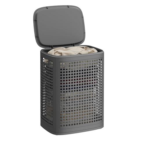 SONGMICS Cesto de Ropa con Tapa, Cesta de Ropa de Plástico, 75 L, Cesto Colada Delgado, Baño, Lavadero, Dormitorio, Gris Oscuro RLH021G101