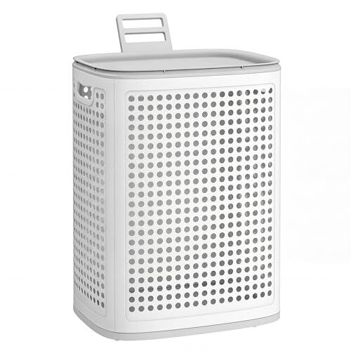 SONGMICS Cesto de Ropa con Tapa, Cesta de Ropa de Plástico, 75 L, Cesto Colada Delgado, Baño, Lavadero, Dormitorio, Blanco y Gris RLH021WG01