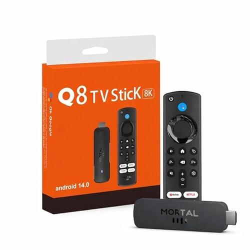 Mortal Q8 TV Stick 8K, Android 14.0, Streaming Media Player con Control Remoto, HDMI, USB 2.0, Type-C, Interfaz Infrarroja