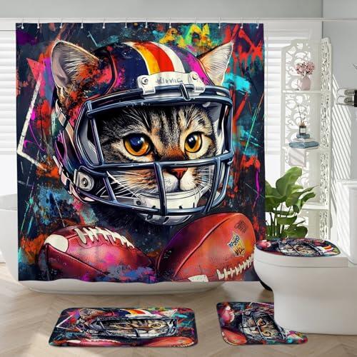 Juego de 4 accesorios de baño de gato americano de pelo corto con alfombra antideslizante, en forma de U y cubierta de tapa de inodoro, fútbol americano, rugby, deporte, gatito, decoración de baño, 72