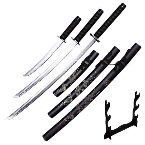 Set de katanas samurái, juego de 3 espadas con empuñadura de aleación de zinc, hojas de acero 1095 (52/75/100 cm), entrenamiento y colección de artes marciales, sin afilar (Dragón Negro)