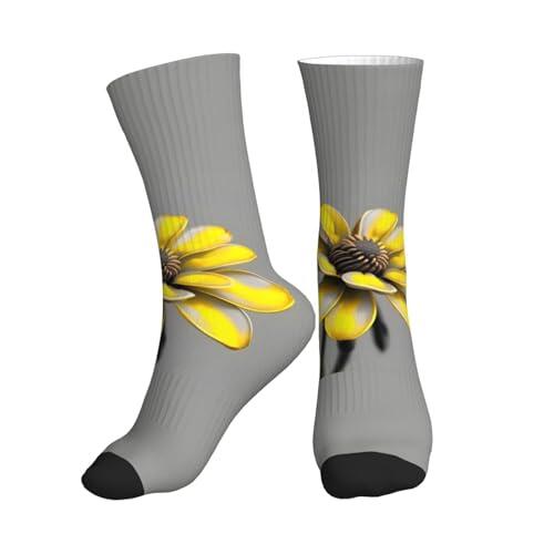 NImongt Calcetines deportivos de tubo medio con estampado de flores amarillas y grises para hombres y mujeres, ligeros, antideslizantes, transpirables, para correr, fitness, 1 negro., Altoa única