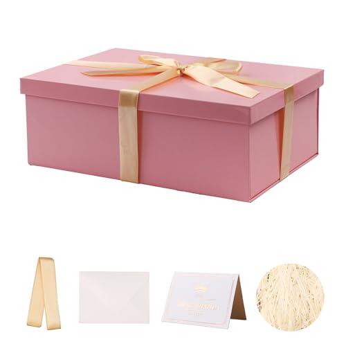 Caja de regalo Rosado con tapa 31.5 x 21.5 x 11 cm, Cajas de Regalo Premium con Tapa y Cinta para Regalos de San Valentín, Navidad Incluye Papel seda triturado Tarjetas sobre