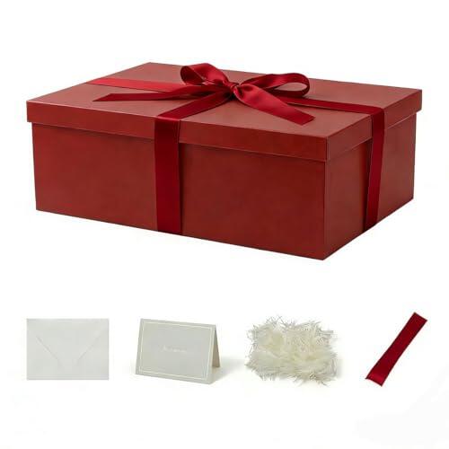 Caja de regalo rojo con tapa 31.5 x 21.5 x 11 cm, Cajas de Regalo Premium con Tapa y Cinta para Regalos de San Valentín, Navidad Incluye Papel seda triturado Tarjetas sobre