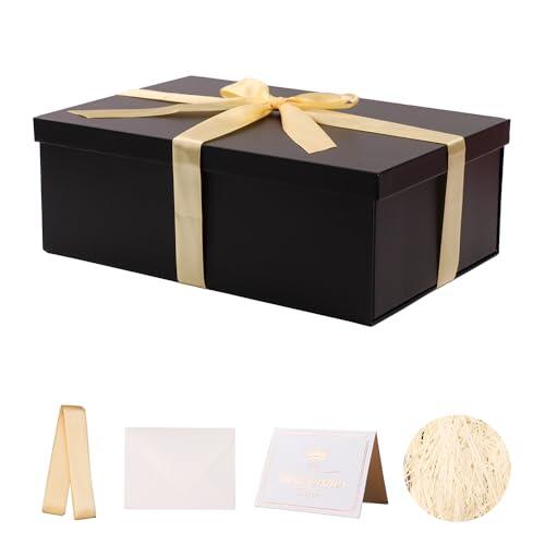 Caja de regalo Negro con tapa 31.5 x 21.5 x 11 cm, Cajas de Regalo Premium con Tapa y Cinta para Regalos de San Valentín, Navidad Incluye Papel seda triturado Tarjetas sobre