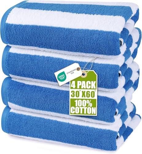 Utopia Towels - Grandes Toallas de Playa Cabana Rayas (76 x 152 cm) - 100% algodón Hilado, Suaves y de Secado rápido (Juego de 4 - Azul)