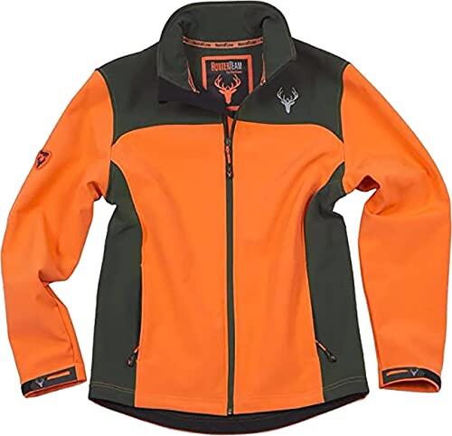 WORKTEAM Cazadora Softshell para Caza y Pesca, Cuello Alto, Bolsillos Con Cremallera, puños ajustables, Unisex Naranja Fluor + Verde Caza-M