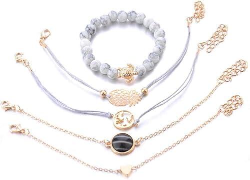 Juego de 5 pulseras con colgante de tortuga con mapa de perlas negras en forma de corazón