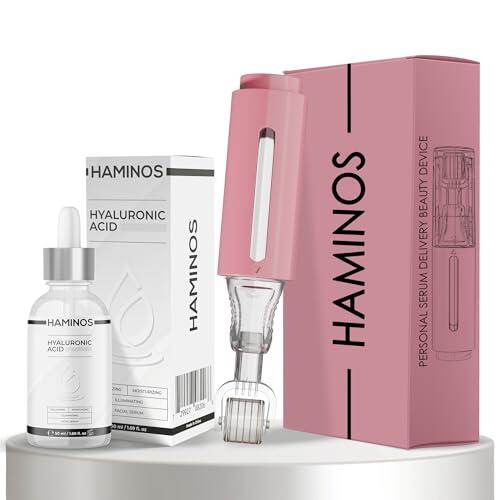 HAMINOS Derma Roller 0,25 mm con Sérum de Ácido Hialurónico para Mujeres, Microneedle Roller con Depósito, Aplicador de Sérum para Labios Hidratados, Suaves y con Aspecto Más Voluminoso
