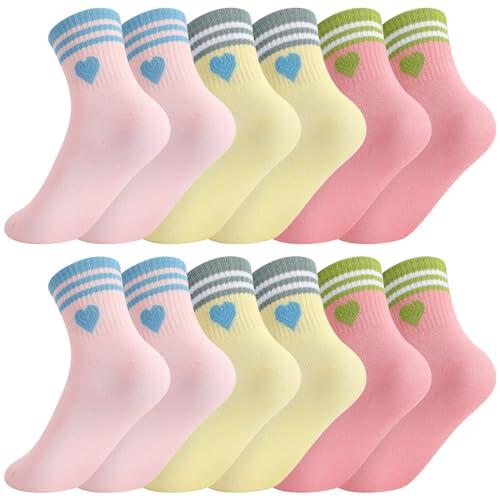 Xialvyu 6 pares de calcetines para niñas, calcetines de algodón suave, bonitos calcetines deportivos para la escuela, para niñas y niños, rosa, rosa, amarillo, 10-14 años