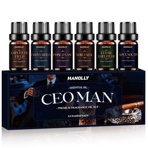 HANOLLY Aceites Esenciales HOMBRE LÍDER 6x10ML, Juego de Aceite Esencial Naturales para Humidificador Difusor Velas- Ébano Soberano,Gracia & Soltura, Tabaco Negro, Cedro Amplio, Cúspide Noche