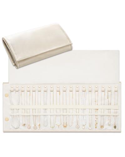 Lolalet Organizador de Collares de Viaje Antienredos, Bolsa de Joyas de Cuero Plegable y Enrollable para Collares, Cadenas y Pulseras - Blanco Crema, 18 Compartimentos