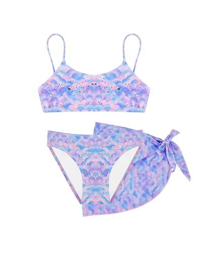 Conjunto Bikini Niña 3 Piezas con Falda Sarong, Bañador Dos Piezas con Tirantes Ajustables, Ropa de Playa y Piscina para Niñas de 4–12 Años (10-12 Years, LA719-Blue)