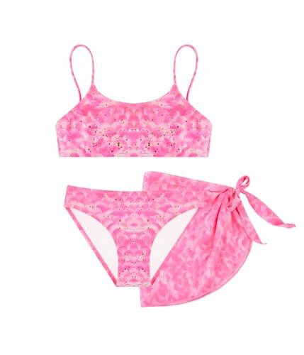 Conjunto Bikini Niña 3 Piezas con Falda Sarong, Bañador Dos Piezas con Tirantes Ajustables, Ropa de Playa y Piscina para Niñas de 4–12 Años (6-8 Years, LA719-Pink)
