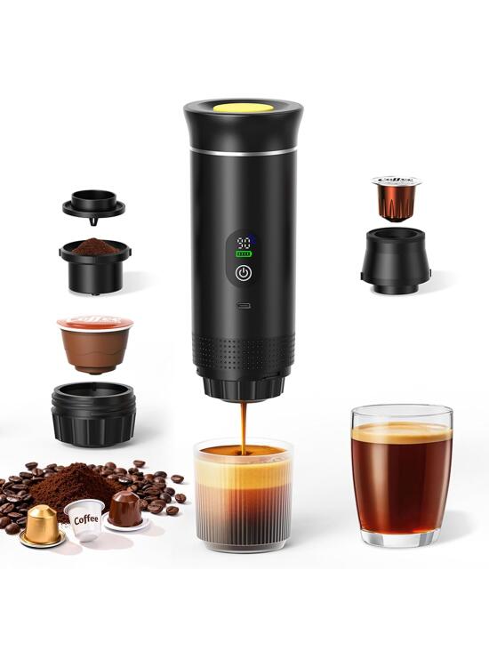 SCANTEE® Cafetera Portatil, 3 en 1 Cafetera Portátil Cápsula de Espresso Batería 7800mAh,Auto-Calentable & USB-C y 20 Bar con Cápsulas NS Café Molido,Cafetera Eléctrica para,Camping,Oficina Viajes