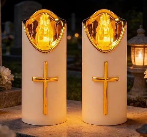 Vela LED para Tumba, 2 PCS Vela Conmemorativa, Funciona con Pilas sin Llama