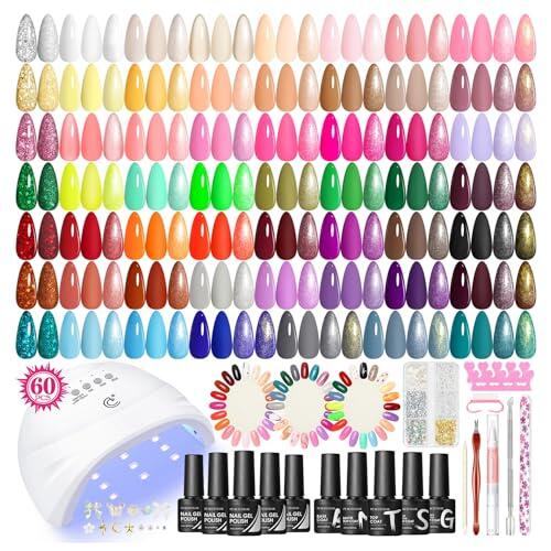 PEACECOLOR 73Pcs Kit Uñas Semipermanentes, 55PCS Esmaltes Pintauñas Semipermanentes Base Top Coat Brillante Mate Glitter, Lámpara U V/LED Uñas Kit Completo Regalos Principiantes