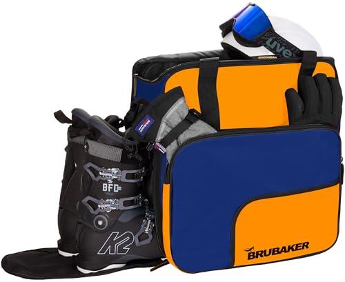 BRUBAKER Bolsa para botas de esquí con compartimento para casco, gran función, bolsa para casco de esquí con función de mochila, mochila para botas de esquí, color azul y naranja