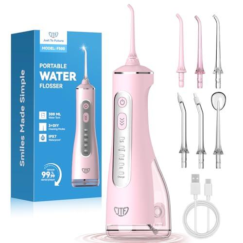 JTF Irrigador Bucal Eléctrico 300ML, 3+1 Modos Irrigador Dental, 6 Boquillas IPX7 Portatil Limpiador Dental para Ortodoncia/Encías Sensibles -Limpieza Dientes de Hogar Entusiastas Salud Ora(Rosa)