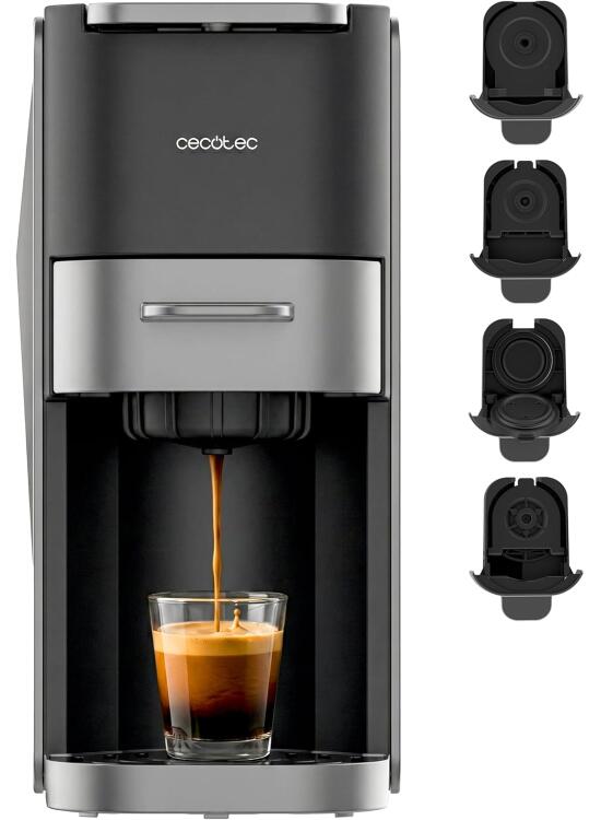 Cecotec Cafetera Cápsulas Compacta FreeStyle Compact Dark Roast. 4 en 1, 1350W, 20 Bares, Apta para Café Molido, Dolce Gusto, Nespresso, ESE pod y Senseo, Depósito 700ml