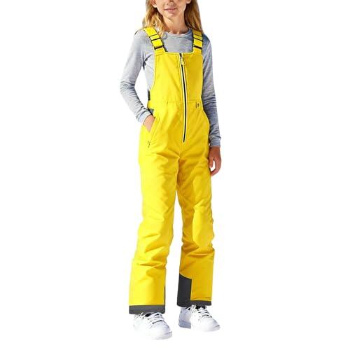 YCBMINGCAN Pantalones de esquí para niños y niñas, pantalones de peto cálidos impermeables y forrados, pantalones de snowboard con cremallera y tirantes para esquí, amarillo, 11-12 años