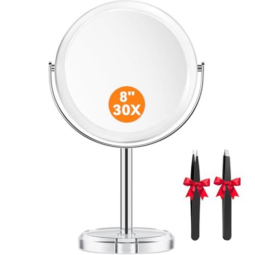 Auxmir Espejo Maquillaje con Aumento 1X/30X Doble Cara de Mesa Baño, Giratorio 360°para Afeitado Depilación Cejas Sobremesa Impermeable, Φ20cm