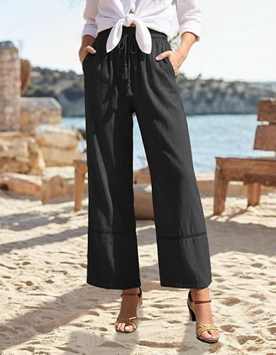 Pantalones de lino de pierna ancha para mujer, cintura alta, informales, con cordón, pantalones palazzo para playa con bolsillos