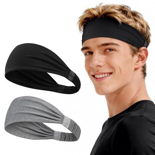 Awumbuk Cinta Pelo Deporte, Antideslizante Absorbente Diadema Hombre, Elástica Cinta Pelo Mujer Y Hombres para Running Gimnasio Yoga Ciclismo, Negro Y Gris 2 Piezas