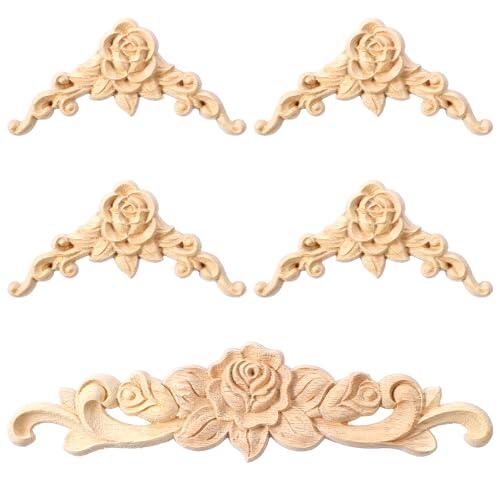5 adornos de madera, molduras de estuco, adornos de pared para muebles, esquinas, muebles tallados, esquinas, adornos de madera para muebles, 20 x 5 cm, apliques tallados en madera