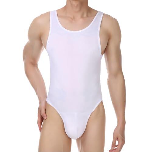 MANJIAMEI Body Leotardo para Hombres Sin Mangas Enterizo Lencería de Tanga Jumpsuit Calzoncillos Camiseta Elástica Ropa Interior Corte Alto Camiseta Interior Pijama Disfraz de Fiesta y Club Blanco