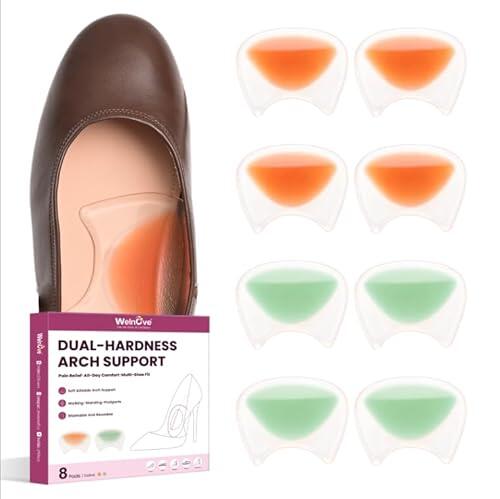 Insertos de soporte de arco de gel para mujer, cojines suaves Welnove para pies planos, fascitis plantar, alivio de la fatiga, almohadillas adhesivas de larga duración para talones, sandalias planas