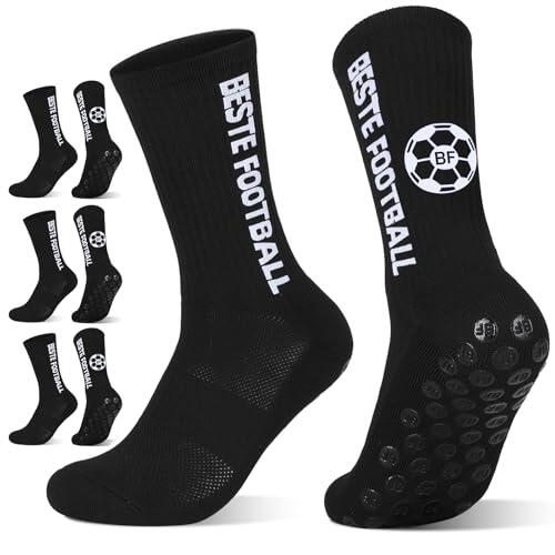BESTE FOOTBALL Grip Socken Fußball,3 Paar Fußballsocken 35-38 39-42 43-46, Anti Rutsch Football Socks für Kinder Herren Damen,atmungsaktiv rutschfeste Fußball Sportsocken für Soccer Basketball, Negro