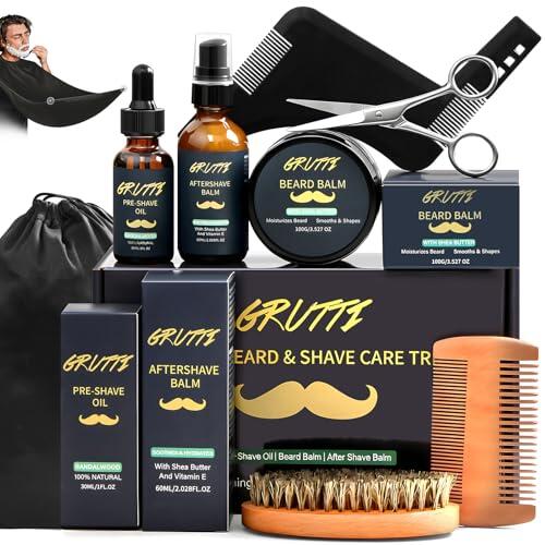 Kit de cuidado de barba para hombre con Aceite previo al afeitado, bálsamo de barba, crema después del afeitado, cepillo de barba, peine, tijeras, peine estilizador, bufanda y bolsa de almacenamiento
