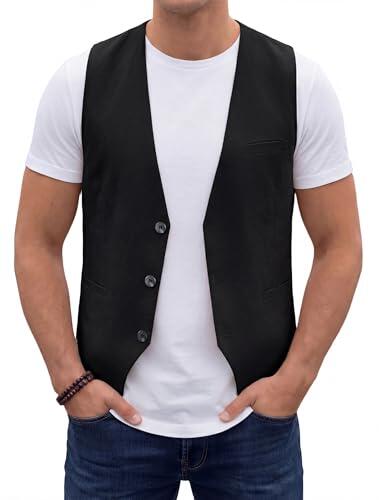 HISDERN Chaleco Negro de hombre de algodón y lino ideal para verano Chaleco informal ligero y transpirable con bolsillos M
