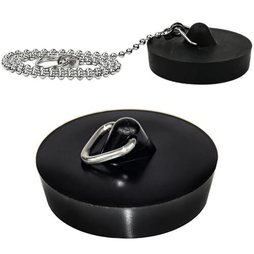 2 Piezas Tapones de Drenaje de Goma, Tapones de Fregadero con 40cm Cadena Tapón, Tapon universales, para Fregaderos, Lavabo, Cocina, 45 – 47 mm, Negro