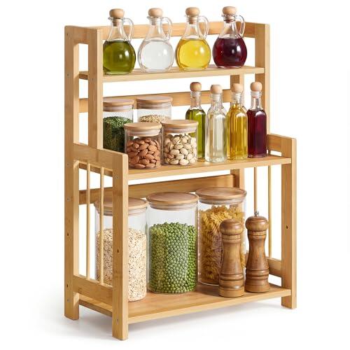 SONGMICS Especiero, Estante de Especias, Estante Almacenamiento de 3 Niveles, en la Encimera, Organizador, Marco de Bambú, para Cocina, Comedor, Oficina, Beige Natural OFS047Y101